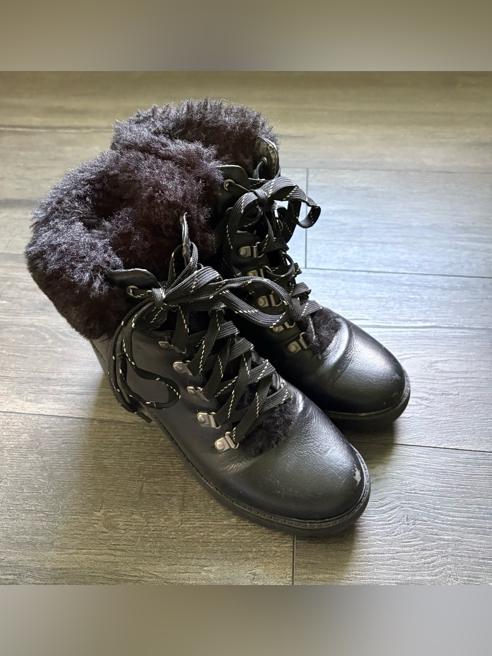 ESPRIT Ember Black Faux Leather Chunky Heeled Lace Up Ankle Boots Size 7.5M